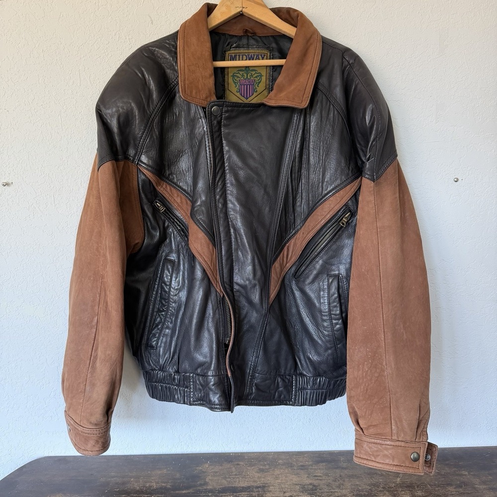 Vintage Midway Genuine Leather Bomber Flight Jacket Men's L Brown Two-Tone